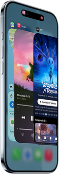 Parte da frente e lateral do iPhone Air mostrando o design fino, a Dynamic Island centralizada na parte superior, o recurso Seletor de Apps em uso, o botão de Ação e os botões de volume