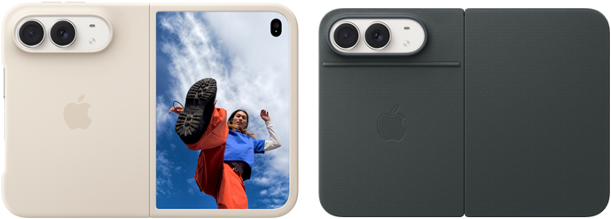 iPhone Duo branco-estrela com capa de silicone areia, na horizontal, totalmente aberto, câmeras Dual Fusion no canto superior esquerdo, a capa cobrindo a parte de trás e a tela externa, o lado direito mostrando o retrato de uma pessoa na tela externa. Parte de trás do iPhone Duo branco-estrela com capa azul-marinho de tecido Foliio mostrando as câmeras traseiras Dual Fusion de 48 MP, duas lentes