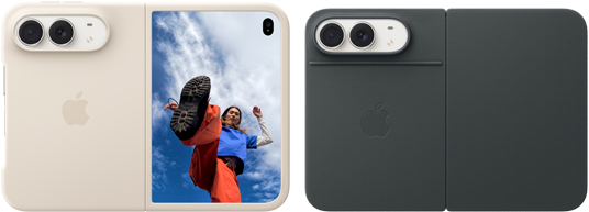 iPhone Duo branco-estrela com capa de silicone areia, na horizontal, totalmente aberto, câmeras Dual Fusion no canto superior esquerdo, a capa cobrindo a parte de trás e a tela externa, o lado direito mostrando o retrato de uma pessoa na tela externa. Parte de trás do iPhone Duo branco-estrela com capa azul-marinho de tecido Foliio mostrando as câmeras traseiras Dual Fusion de 48 MP, duas lentes