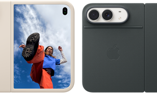 iPhone Duo branco-estrela com capa de silicone areia, na horizontal, totalmente aberto, câmeras Dual Fusion no canto superior esquerdo, a capa cobrindo a parte de trás e a tela externa, o lado direito mostrando o retrato de uma pessoa na tela externa. Parte de trás do iPhone Duo branco-estrela com capa azul-marinho de tecido Foliio mostrando as câmeras traseiras Dual Fusion de 48 MP, duas lentes