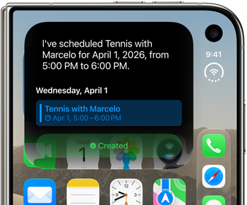 IiPhone Duo dobrado, a tela externa mostrando uma notificação da Siri AI indicando uma atualização do calendário