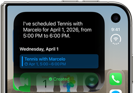IiPhone Duo dobrado, a tela externa mostrando uma notificação da Siri AI indicando uma atualização do calendário
