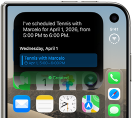 IiPhone Duo dobrado, a tela externa mostrando uma notificação da Siri AI indicando uma atualização do calendário