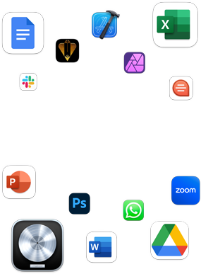 Vários ícones de apps coloridos demonstrando a variedade de apps que rodam no macOS
