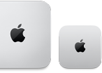 Parte superior de um Mac mini 2024 prateado com o logotipo da Apple ao lado de um Mac mini 2023 prateado com o logotipo da Apple para demonstrar a diferença de tamanho.