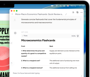 Tela do MacBook Air mostrando as Ferramentas de Escrita da Apple Intelligence criando cartões de memorização sobre micro e macroeconomia