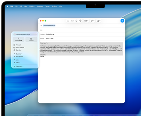 Tela do MacBook Air mostrando as Ferramentas de Escrita da Apple Intelligence redigindo um e-mail