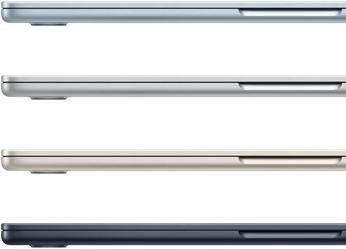Imagem da lateral de quatro notebooks MacBook Air mostrando as quatro cores disponíveis