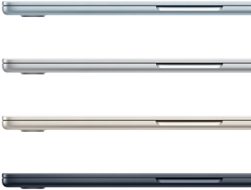 Imagem da lateral de quatro notebooks MacBook Air mostrando as quatro cores disponíveis
