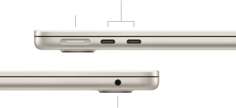 Lado esquerdo do MacBook Air fechado mostrando a porta MagSafe e duas portas Thunderbolt. Lado direito mostrando a entrada para fones de ouvido