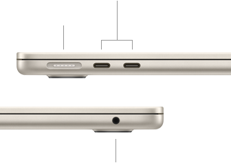Lado esquerdo do MacBook Air fechado mostrando a porta MagSafe e duas portas Thunderbolt. Lado direito mostrando a entrada para fones de ouvido