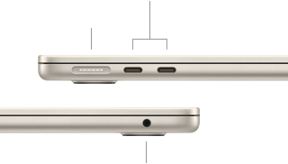 Lado esquerdo do MacBook Air fechado mostrando a porta MagSafe e duas portas Thunderbolt. Lado direito mostrando a entrada para fones de ouvido