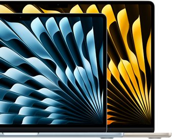 Dois notebooks MacBook Air demonstrando o tamanho relativo das telas: 13,6 e 15,3 polegadas, medidas na diagonal