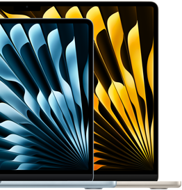 Dois notebooks MacBook Air demonstrando o tamanho relativo das telas: 13,6 e 15,3 polegadas, medidas na diagonal