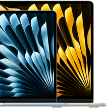 Dois notebooks MacBook Air demonstrando o tamanho relativo das telas: 13,6 e 15,3 polegadas, medidas na diagonal