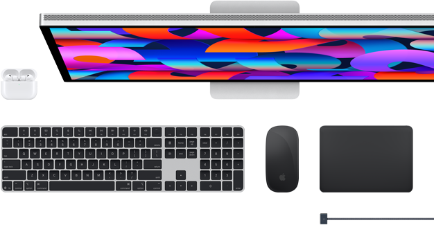 Acessórios para Mac: AirPods, Studio Display, Magic Keyboard, Magic Mouse, Magic Trackpad, cabo para recarga MagSafe