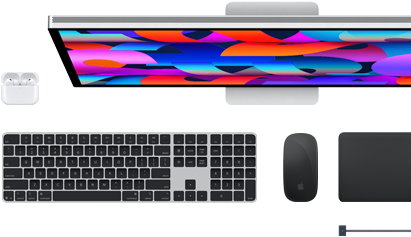 Acessórios para Mac: AirPods, Studio Display, Magic Keyboard, Magic Mouse, Magic Trackpad, cabo para recarga MagSafe