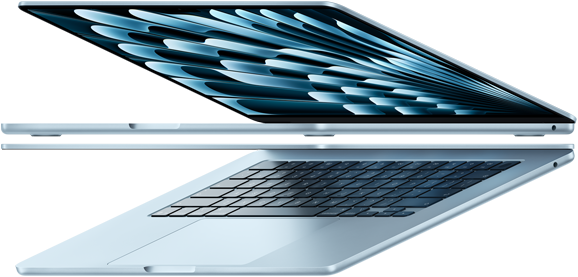 Dois notebooks MacBook Air na cor azul-céu abertos formando uma seta, destacando o design fino