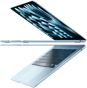 Dois notebooks MacBook Air na cor azul-céu abertos formando uma seta, destacando o design fino