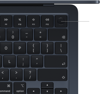 Canto superior direito do teclado do MacBook Air, demonstrando a localização do botão Touch ID