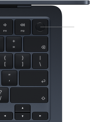 Canto superior direito do teclado do MacBook Air, demonstrando a localização do botão Touch ID