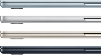 Imagem da lateral de quatro notebooks MacBook Air mostrando as quatro cores disponíveis