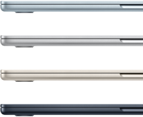 Imagem da lateral de quatro notebooks MacBook Air mostrando as quatro cores disponíveis