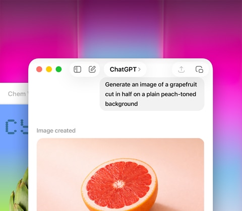 Tela do MacBook Neo, com o ChatGPT gerando a imagem de uma toranja. A segunda janela mostra a imagem de uma alcachofra em um fundo degradê no Keynote
