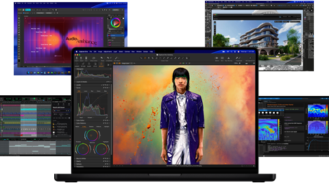 Vários conteúdos coloridos em apps de produção musical, design gráfico, animação 3D e edição de fotos no Mac, demonstrando o poderoso desempenho gráfico
