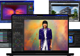 Vários conteúdos coloridos em apps de produção musical, design gráfico, animação 3D e edição de fotos no Mac, demonstrando o poderoso desempenho gráfico