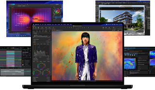 Vários conteúdos coloridos em apps de produção musical, design gráfico, animação 3D e edição de fotos no Mac, demonstrando o poderoso desempenho gráfico