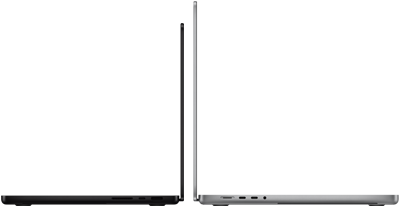 MacBook Pro de 14 polegadas e de 16 polegadas, um de costas para o outro, mostrando a diferença de tamanho e enfatizando o design fino