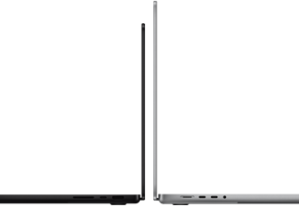 MacBook Pro de 14 polegadas e de 16 polegadas, um de costas para o outro, mostrando a diferença de tamanho e enfatizando o design fino