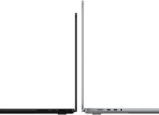 MacBook Pro de 14 polegadas e de 16 polegadas, um de costas para o outro, mostrando a diferença de tamanho e enfatizando o design fino