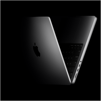 MacBook Pro posicionado em formato de V, fazendo referência aos chips da linha M5