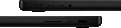 Imagem das portas do MacBook Pro. Lado esquerdo: MagSafe 3, duas portas Thunderbolt e entrada para fones de ouvido. Lado direito: slot para cartão SDXC, uma porta Thunderbolt e HDMI