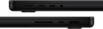 Imagem das portas do MacBook Pro. Lado esquerdo: MagSafe 3, duas portas Thunderbolt e entrada para fones de ouvido. Lado direito: slot para cartão SDXC, uma porta Thunderbolt e HDMI