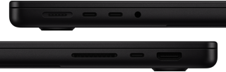 Imagem das portas do MacBook Pro. Lado esquerdo: MagSafe 3, duas portas Thunderbolt e entrada para fones de ouvido. Lado direito: slot para cartão SDXC, uma porta Thunderbolt e HDMI