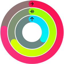 Círculos de Atividade vermelho, verde e azul, que representam as metas de Movimento, Exercício e Ficar em Pé no app Atividade