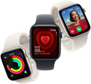 Três aparelhos Apple Watch SE 3 suspensos lado a lado