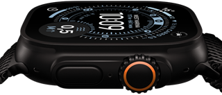Apple Watch Ultra 3, caixa preta de titânio, bússola no mostrador Orientação, botão de Ação e Digital Crown