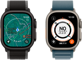 Dois aparelhos Apple Watch Ultra 3, um mostrando mapas e o outro mostrando o recurso Retraçar, incluindo bússola, elevação e pontos intermediários marcados